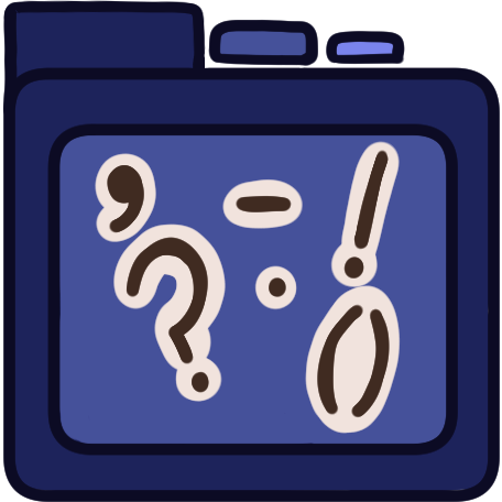 a blue file folder with several symbols on it; a comma (,), a question mark (?), a dash (-), a full stop (.), an exclamation mark (!), and parentheses ().